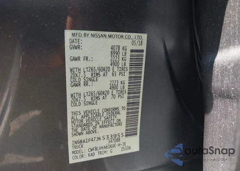 2018 Nissan Titan Xd Sl Diesel z USA, uszkodzony, nr VIN 1N6BA1F47JN533955